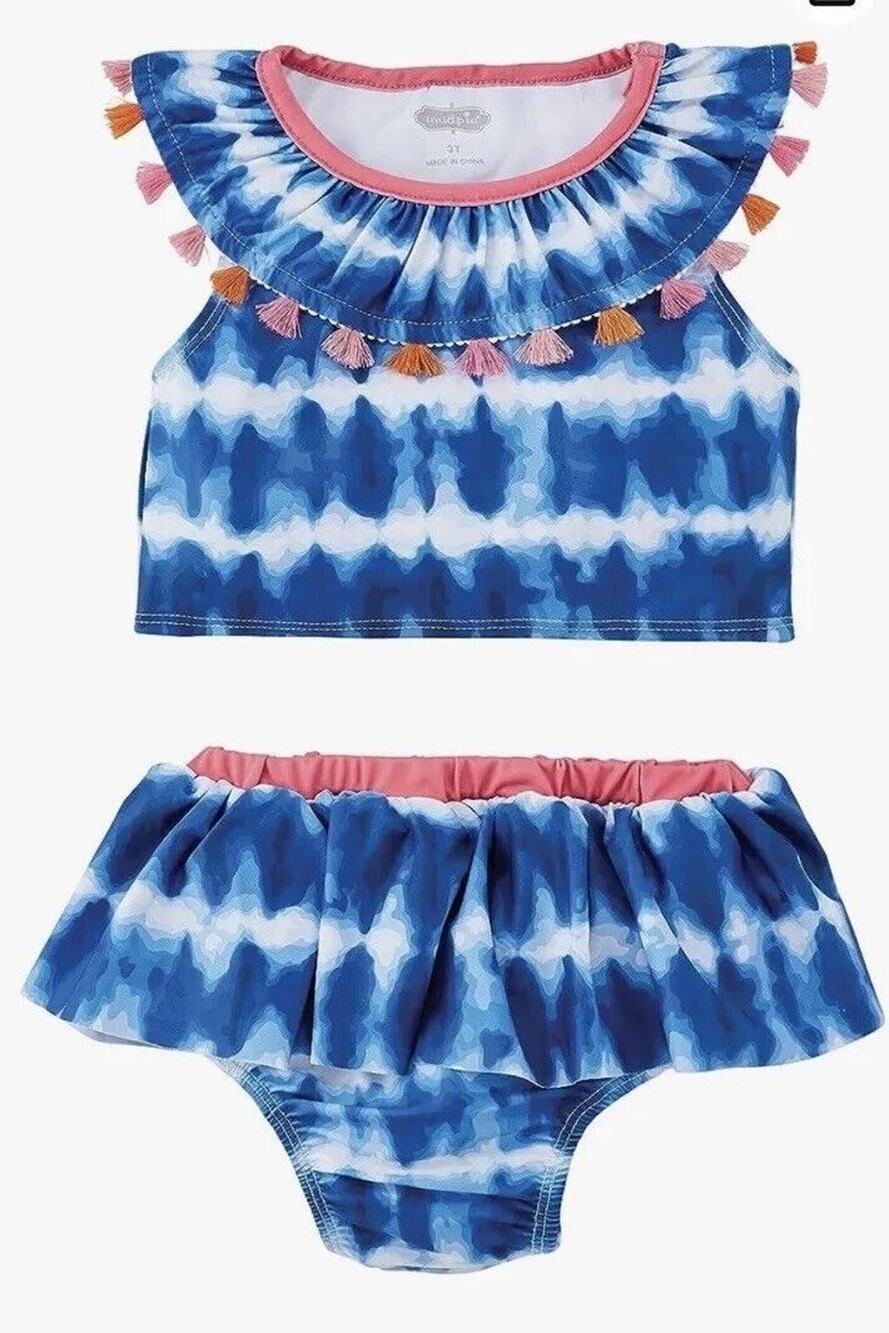 Mud Pie Tie Dye Swimsuit Bikini Baby 12 18 Months Girls Blue White Boho Toddler